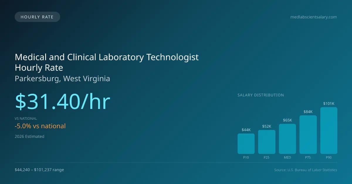 Medical and Clinical Laboratory Technologist Hourly Rate in Parkersburg, WV — 2026 est., based on 2025 BLS