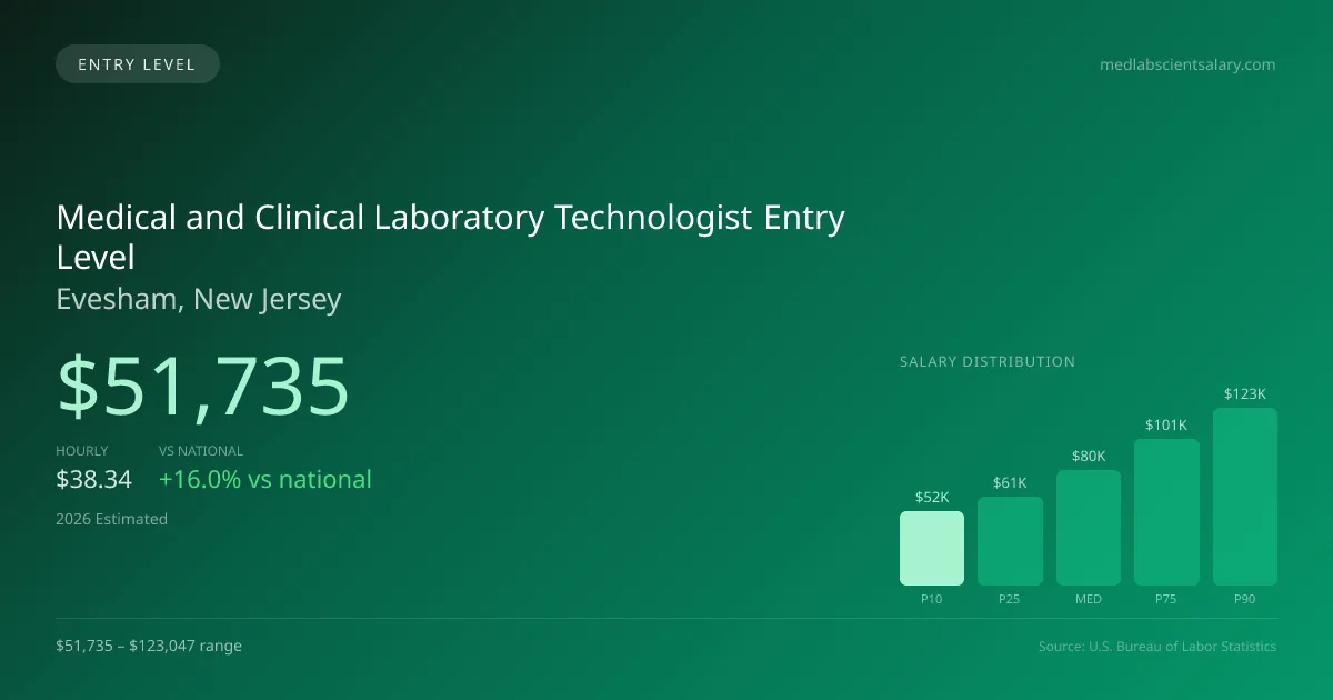 Medical and Clinical Laboratory Technologist Entry Level Salary in Evesham, NJ — 2026 est., based on 2025 BLS